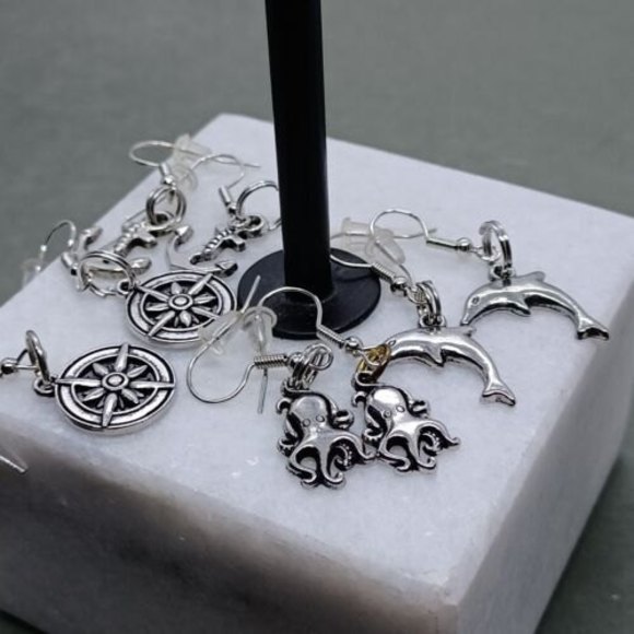 Lot of 4 Earrings Nautical Theme Silvertone Octopus Dolphin Compass Anchor - Picture 1 of 12